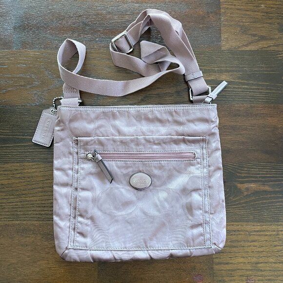 COACH Mauve/Pink Signature Logo Getaway Nylon File Crossbody Purse - Picture 1 of 10